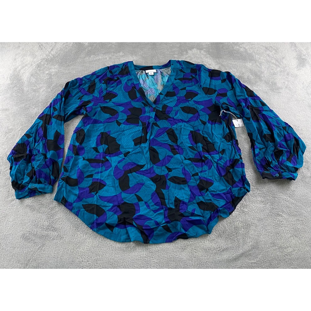 Liz Claiborne Womens XXL Blue Teal Abstract Geometric V-Neck Blouse New